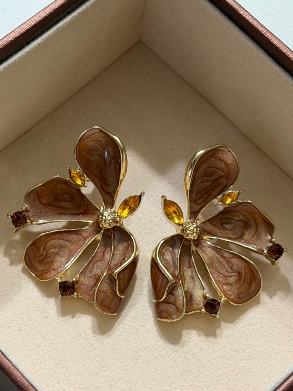 Golden Brown Enamel Flower Statement Earrings Inlaid Yellow/Brown Crystal